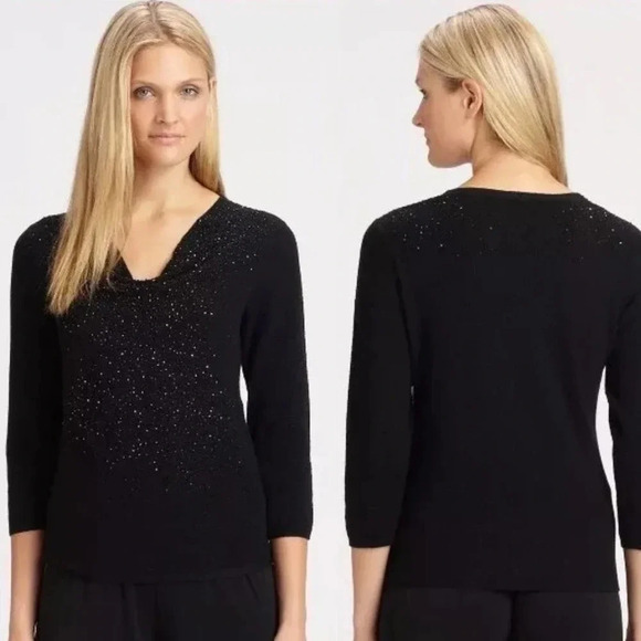 Eileen Fisher Wool Beaded Drape Cowl Neck Sweater Top Black Size XS - Picture 2 of 12